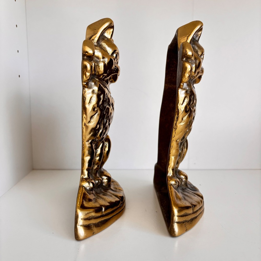Vintage Brass Cat Bookends Set Heavy Gold Tone Sitting Tabby Feline Decor - Picture 3 of 8